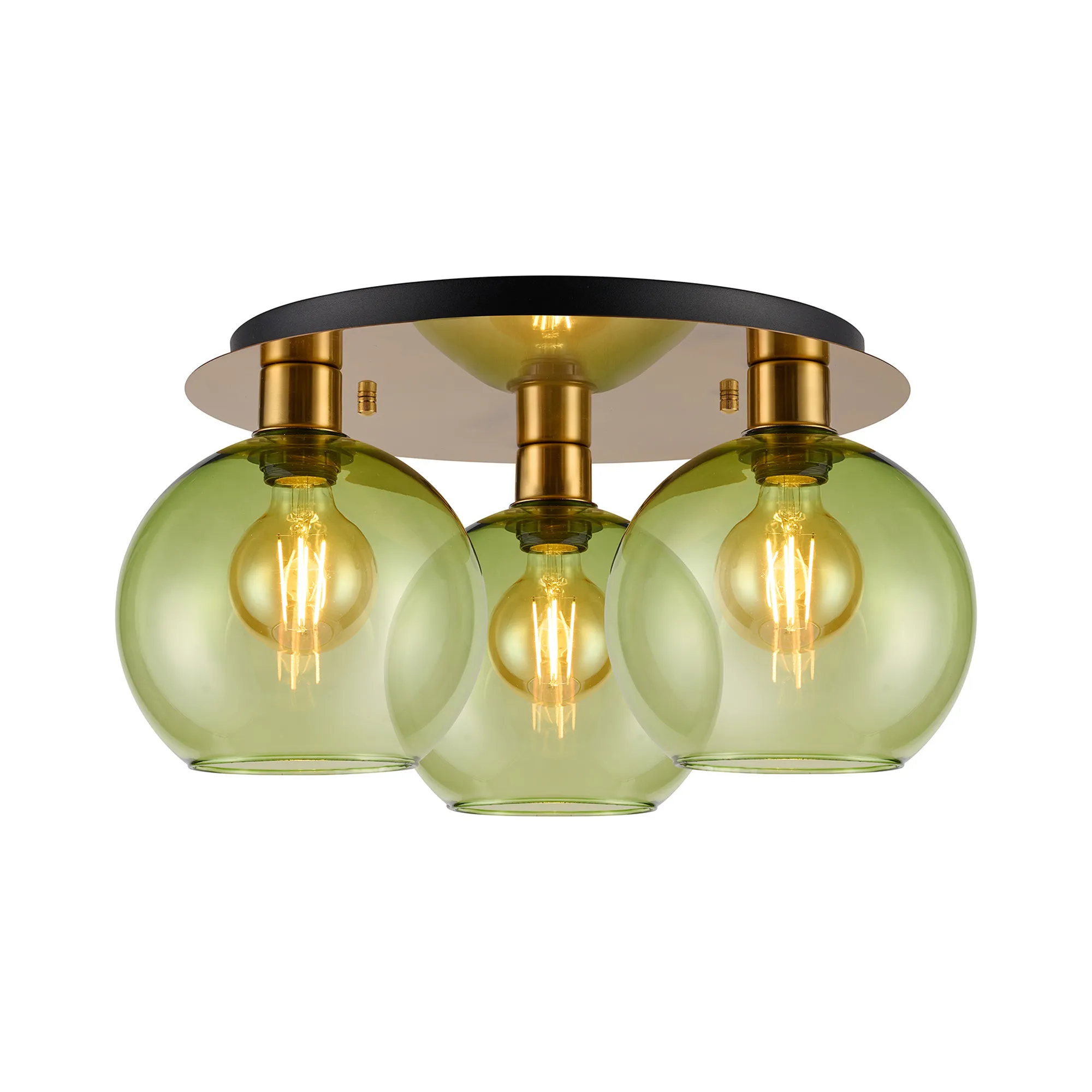 DK1249  Lori 40cm Round Ceiling Flush, 3 Light Flush Fitting, Antique Gold/Green Open Mouth Round Globe Shades